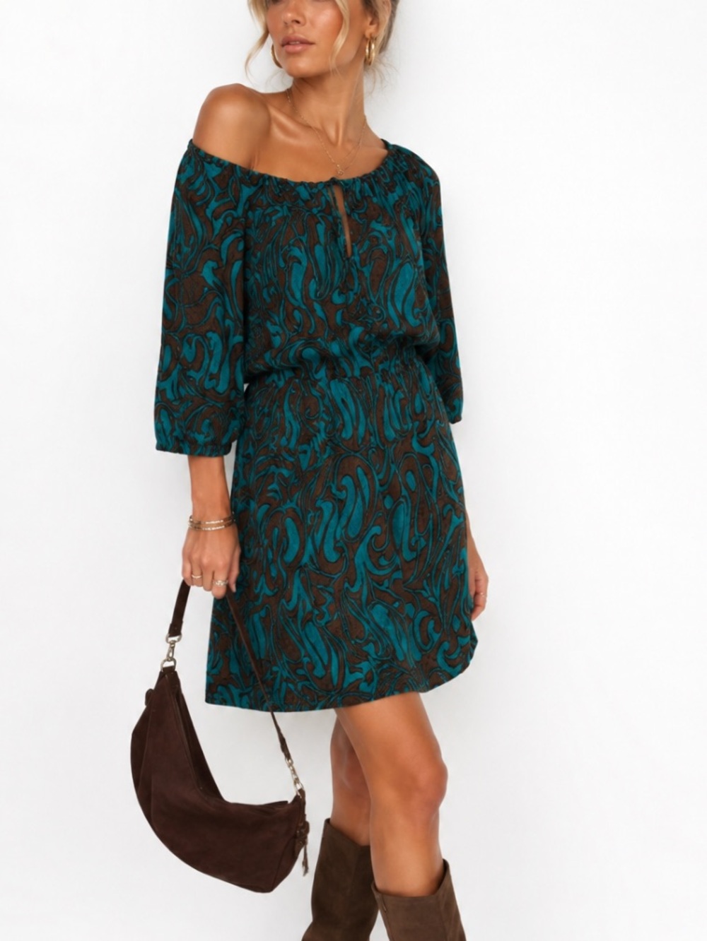 Trina Turk 100% Silk Satin Texture Brown Teal Paisley Mini Dress 4 Elastic Waist